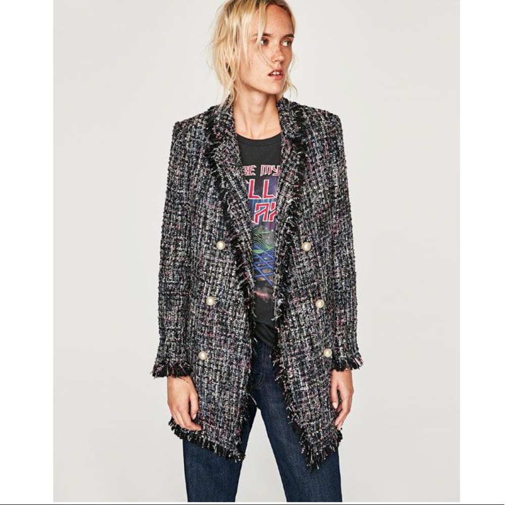 Zara Tweed Tinsel Jacket with Faux Pearls